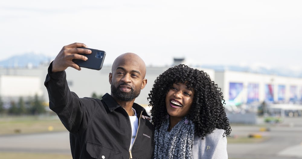 A fantastic day on the Sky Deck for a selfie with the Boeing Everett Factory in the background